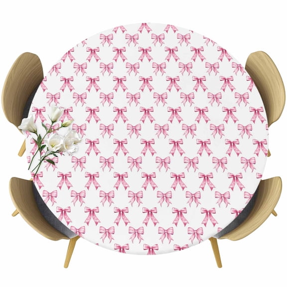 Cute Pink Bow Table Cloth, Round Fitted Tablecloths with Elastic Edge, White Sweet Modern Watercolor Wipeable Waterproof Table Cover for Kitchen Wedding 55-60 Inches