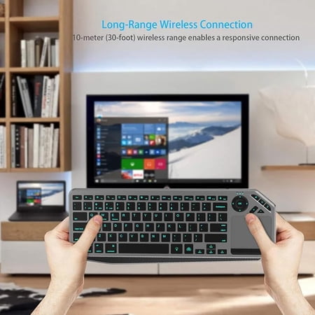 JOMAA 2.4G Wireless Bluetooch Dual Mode Connection TV Keyboard with Touchpad Media Control Multimedia Rechargeable 7Color Backlit Keyboard for Computer, Smart TV, Desktop, Laptop, Tablet