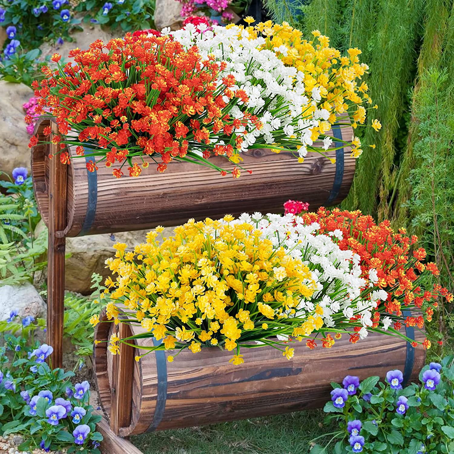 Artificial Flowers for Outdoor Decoration UV Resistant Fake Plastic Plants Artificial Greenery for Spring Summer Indoor Outdoor Garden Patio Window Box Kitchen Home Decor, Orange