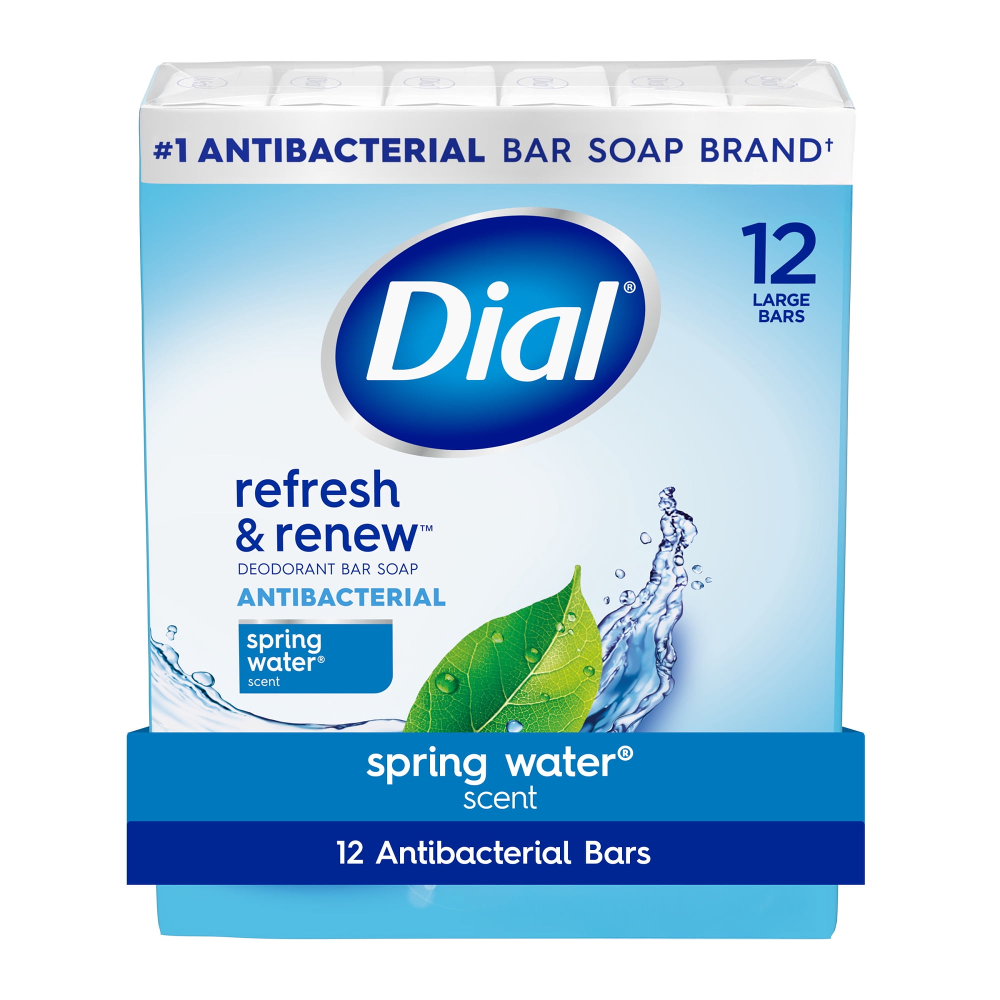 Dial Antibacterial Bar Soap, Refresh & Renew Spring Water Deodorant Bar, 4 oz (12 Bars)