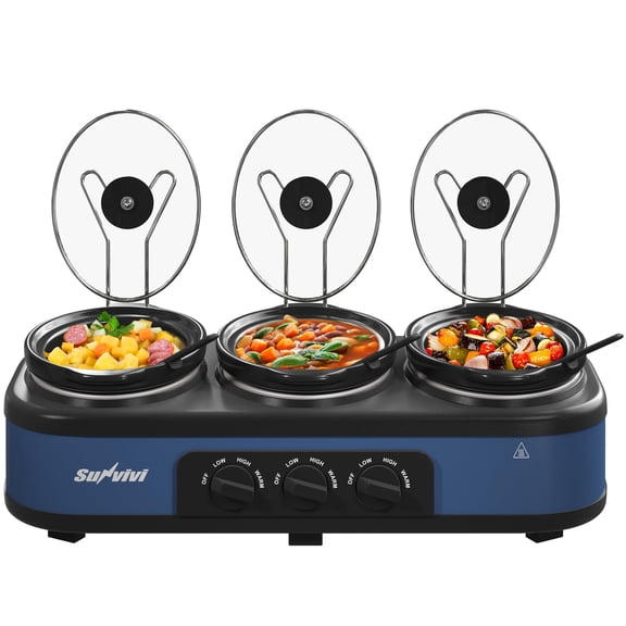 Chicdaze Triple Slow Cooker Buffet Servers and Warmer, Large 3 Pot Food Small Mini Manual Slow Cooker with Adjustable Temp Stainless Steel Lid Rests,Removable Ceramic Pot, 3 * 2.5 Quarts, Blue