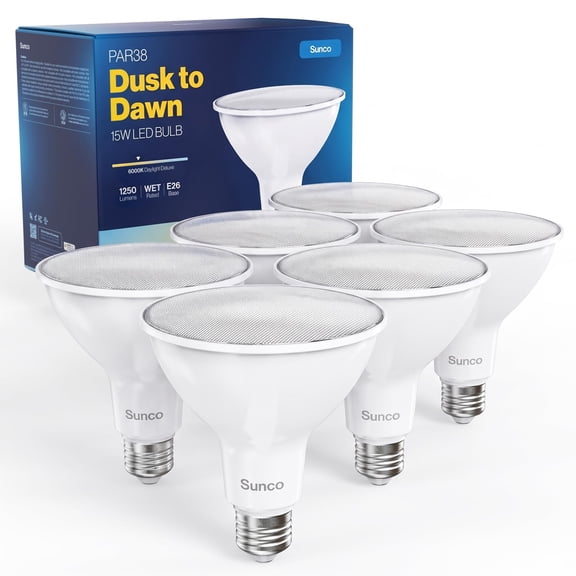 Sunco 6 Pack PAR38 LED Flood Light Bulb, Dusk to Dawn, E26, 15W=120W