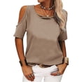 thumbnail image 1 of Camiseta de manga corta de color puro para mujer Blusa de manga corta de color liso transpirable holgada con hombros descubiertos, 1 of 6