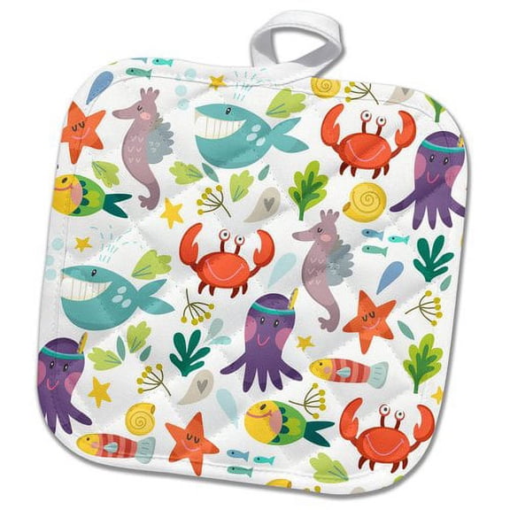 3dRose, Colorful Kids Sea Life Of Crabs, Octopus, Fish, and Whales Pattern, 8x8 Potholder