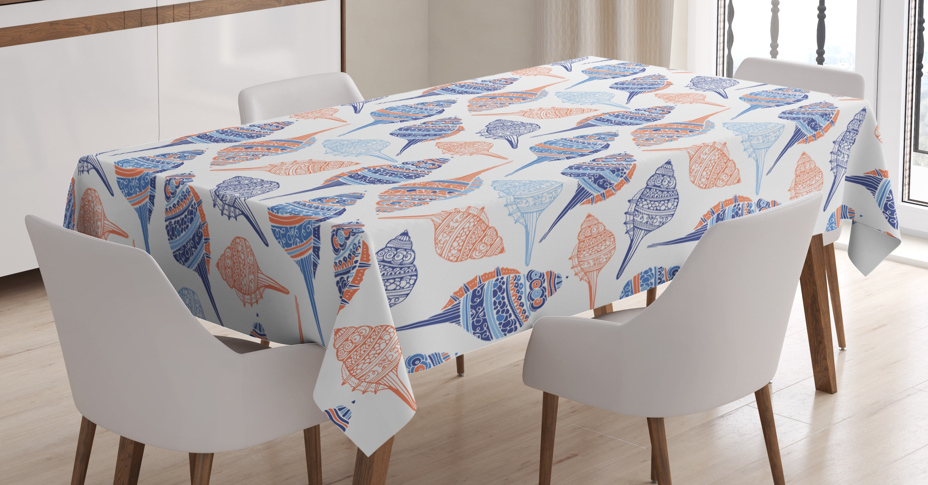 Ocean Tablecloth, Marine Life Themed Abstract Seashells Scallops With