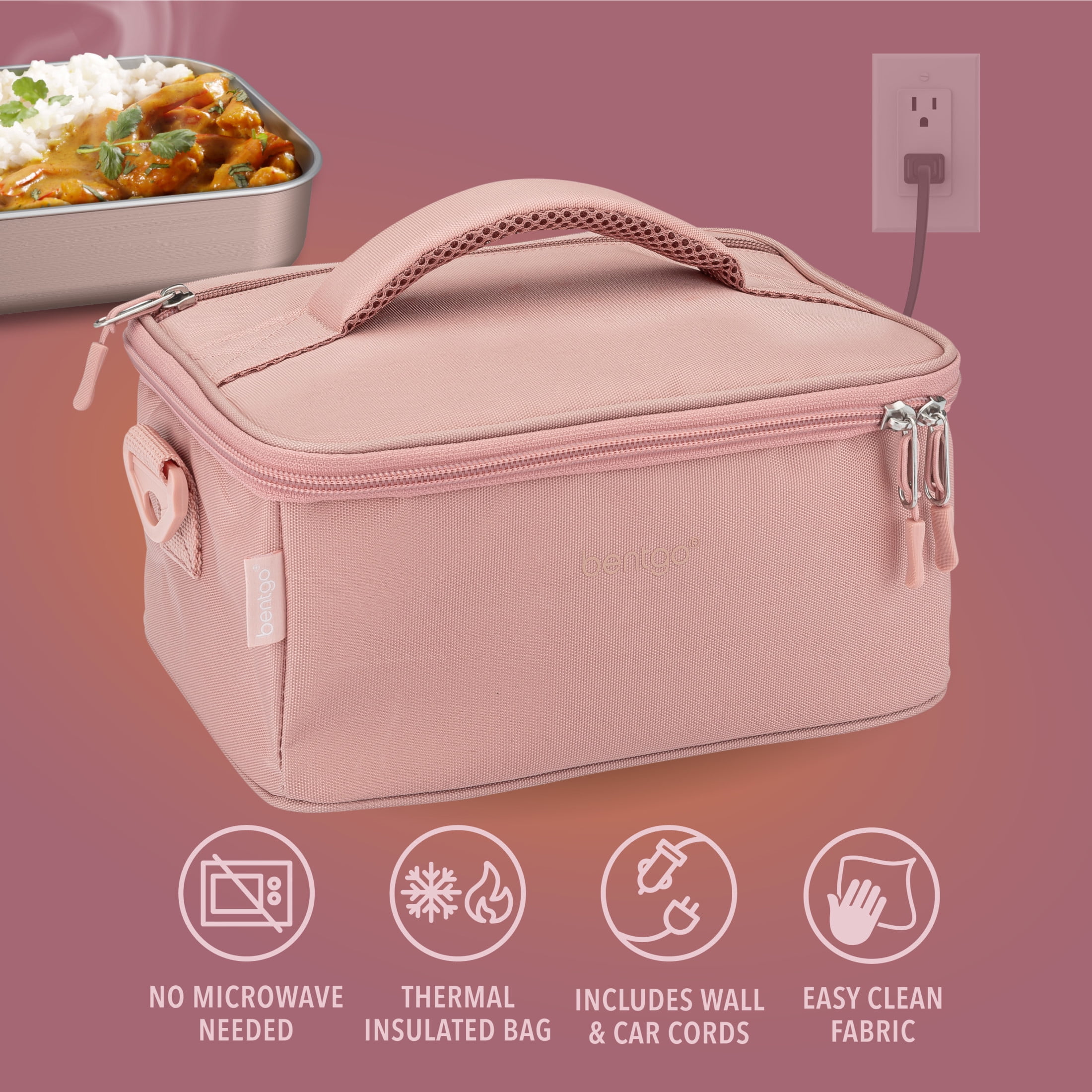 Bentgo Heat - Electric Lunch Bag & Food Warmer for Reheating Meals in Car, at Work & More - Heated Lunch Box Warmer for Adults, Students & Shift Workers, 12V/24V Auto & 120V Wall Cords (Blush)
