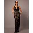thumbnail image 4 of Black Halter Neck Floral Lace Maxi Dress With Deep V-Neck And Sheer Overlay, Evening Gown For Women, 4 of 8