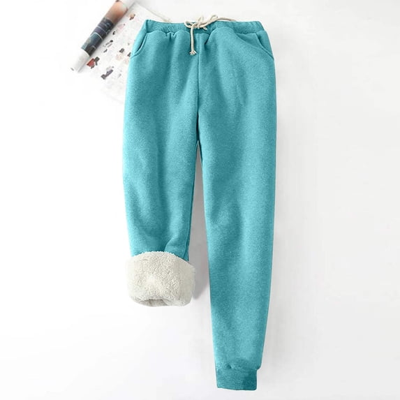 Hueook Fleece Lined Pants Women Straight Leg Yoga Pants Fleece Pockets Plus-Size Bandage Elastic Waist Wei Pants Casual Harun Leggings Blue 3X