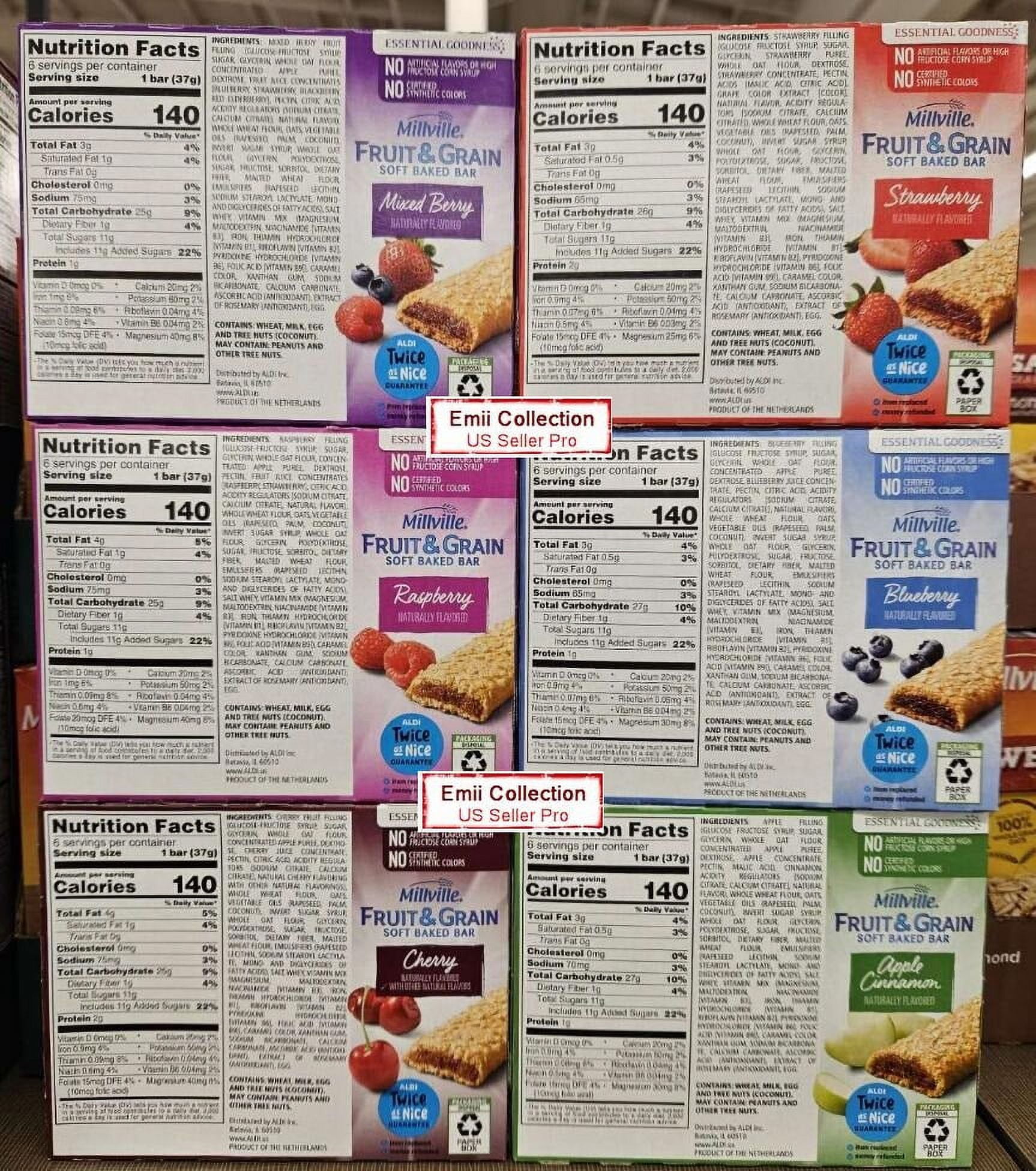Millville Fruit & Grain Soft Baked Bar 6 Flavors Mixed Berry, Raspberry, Cherry, Strawberry, Blueberry, Apple Cinnamon, 6 Cereal Bars, 7.8oz 222g (6 Boxes)