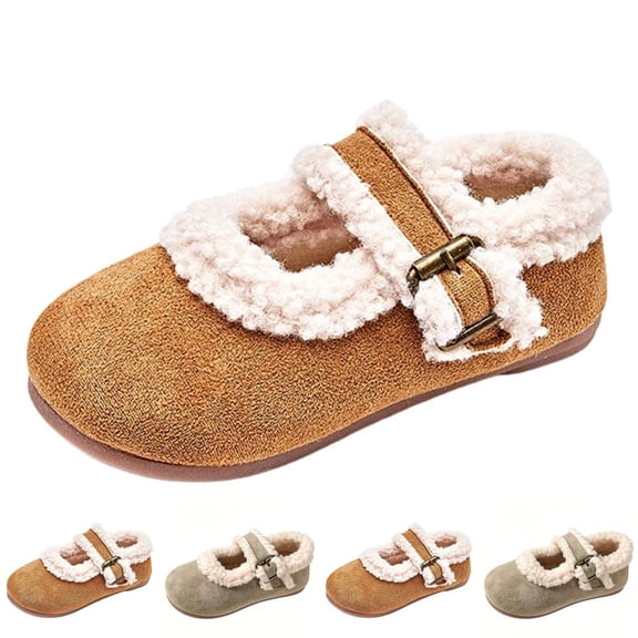 Bxsruta Girls Mary Janes Fluffy Faux Shearling Lined Flat Shoes Buckle Strap Casual Walking Shoes