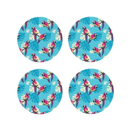 

Leather Coasters Set of 4 - Cute Colorful Macaw Monstera Lightweight Non-Slip Drink Coasters for Desk Anti-Scalding Desk Cup Coasters for Office Table Decor Round Shape
