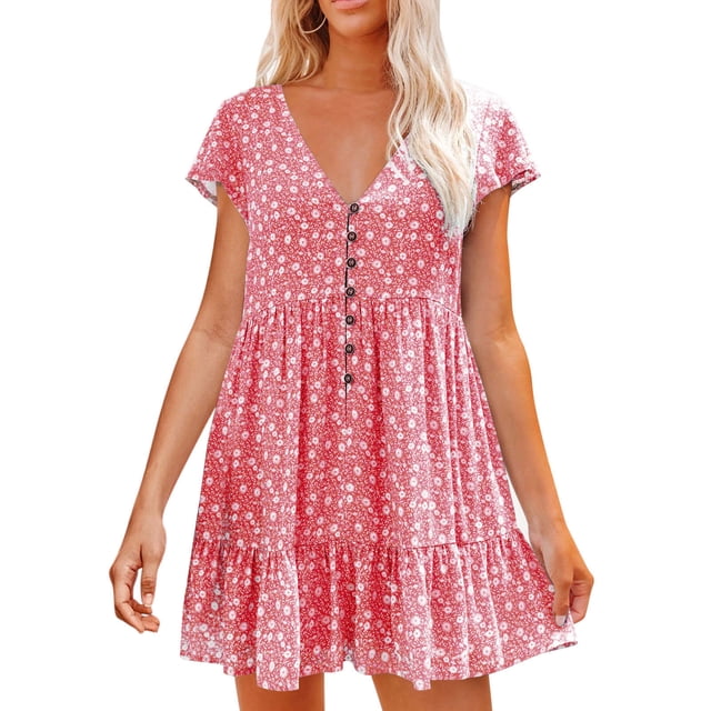 Prolriy Robes Printemps Été pour Femmes 2025 Robes d'Été à Manches Courtes à Fleurs Col en V Boutonnée Robes Courtes pour Femmes, Robes pour Femmes Rouge TTG