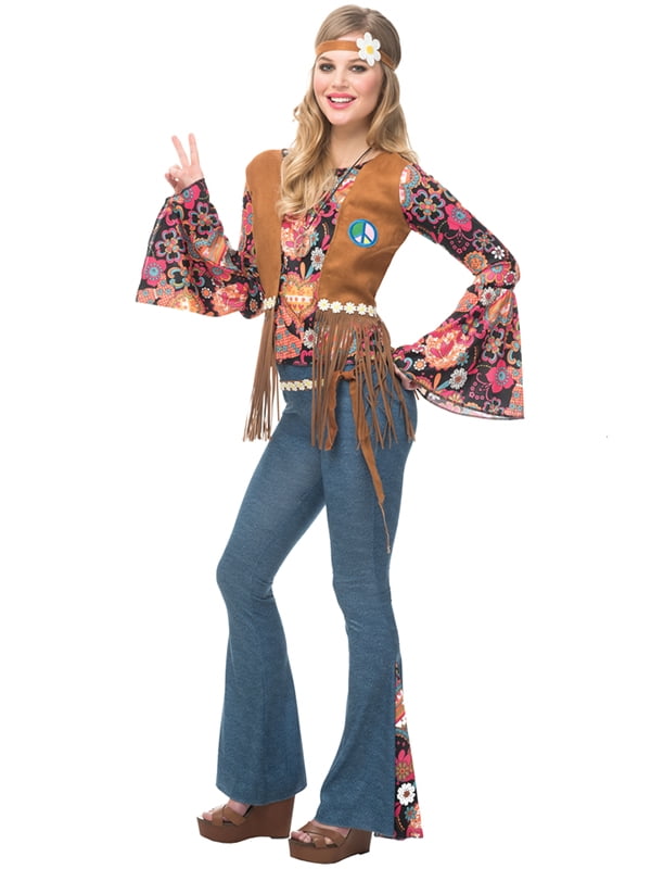 Peace Out Fringed Vest Bell Bottom Pants Halloween Hippie Costume Adult Women