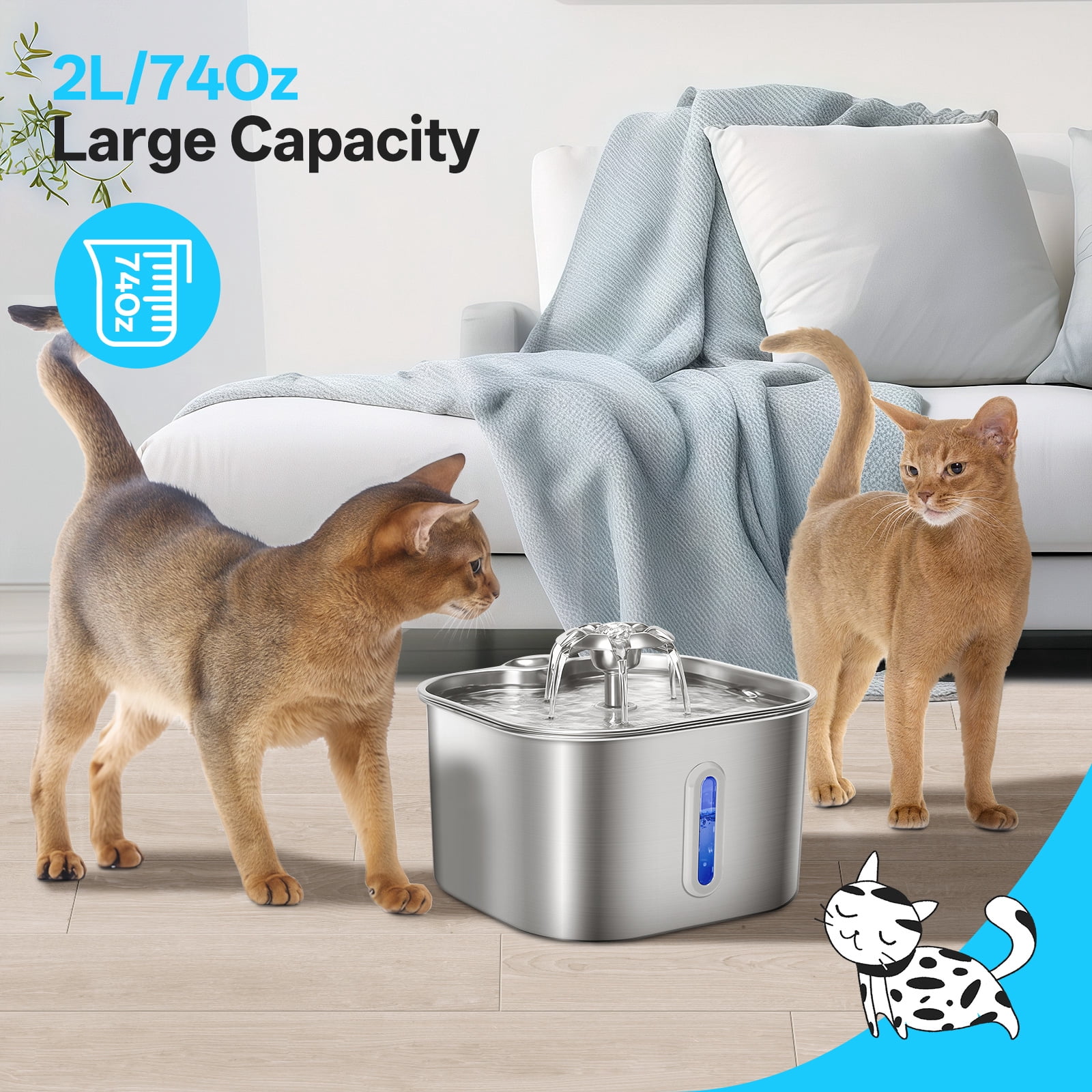 Cat Water Fountain,74oz/2.2L Stainless Steel Pet Water Fountain