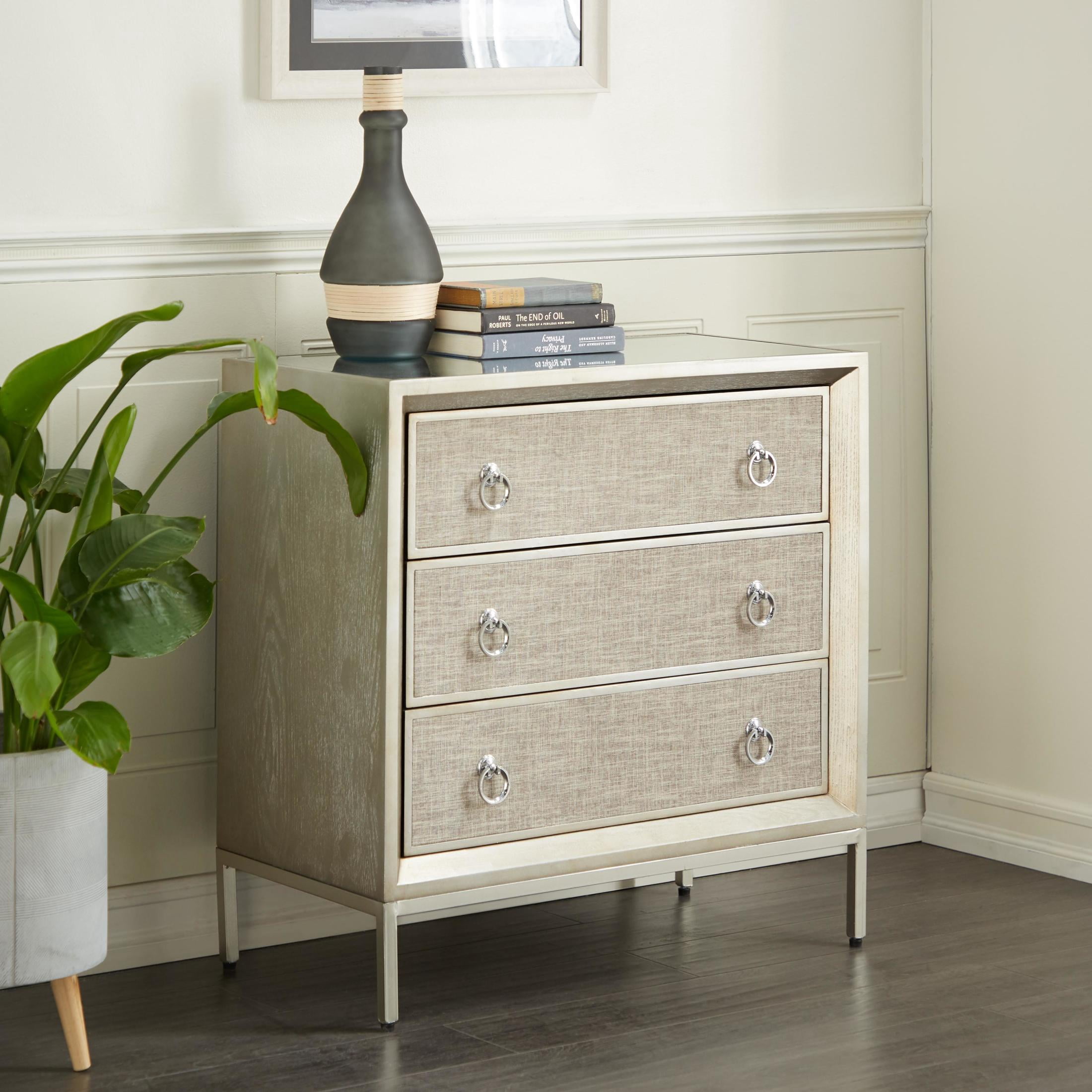 DecMode 32" x 32" Beige Wooden Upholstered Front Panel 3 Drawer Chest with Mirrored Top and Ring Handles, 1-Piece