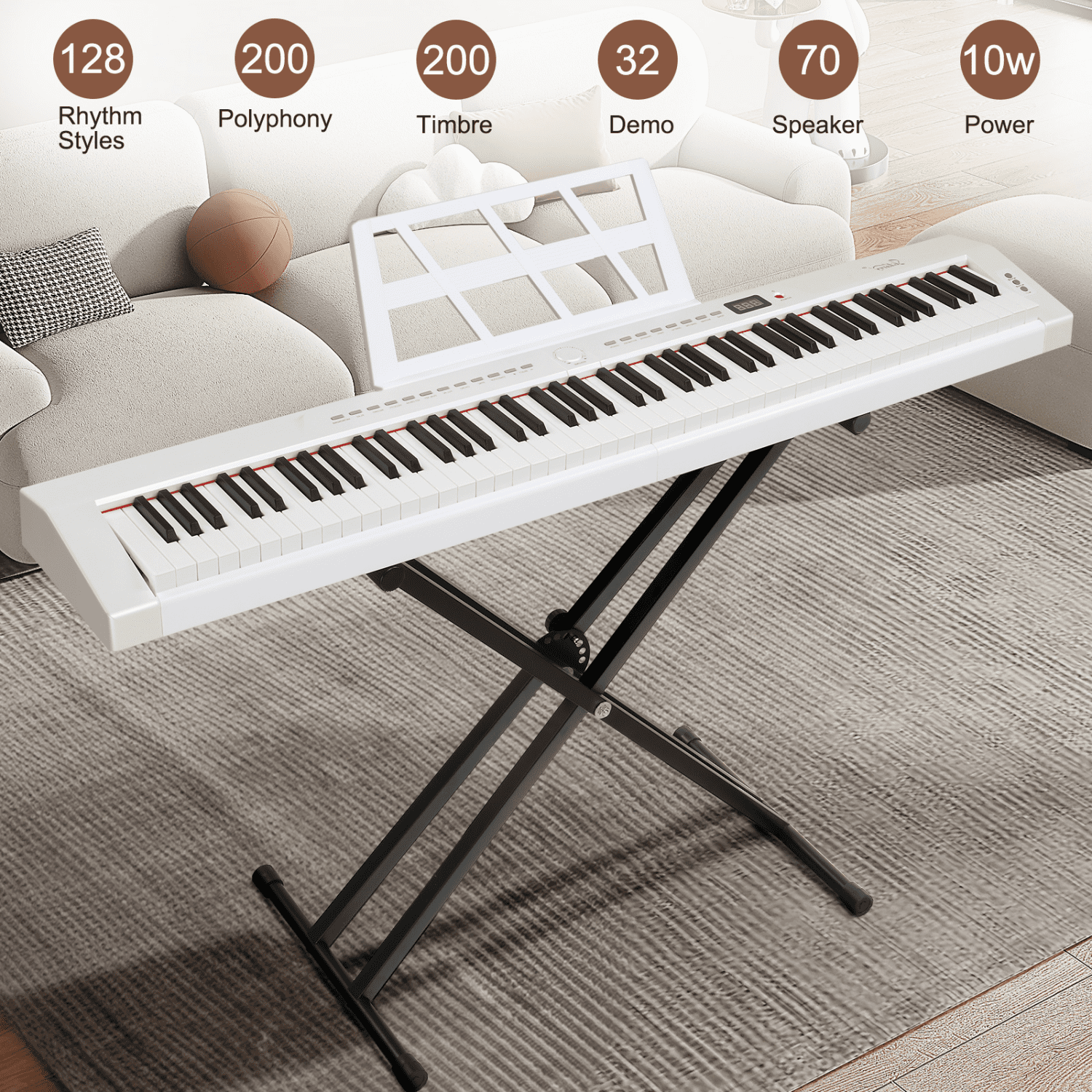 Hassch 88 Key Digital Piano Keyboard with Stand, Semi-Weighted Piano with Carrying Bag, MIDI Bluetooth, Pedal and Headphone, White