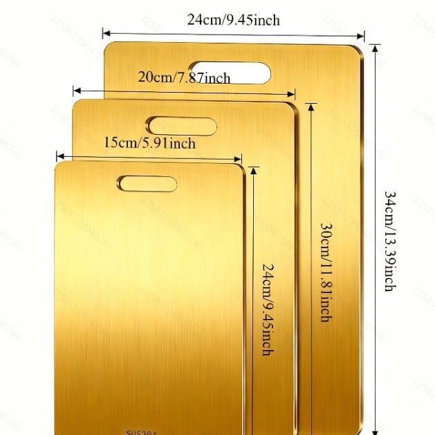 QUTETN 3-Piece Stainless Steel Cutting Board Set – Double Sided with Non-Slip Base & Handle – Dishwasher Safe, Heavy-Duty Kitchen Chopping Mats (Gold)