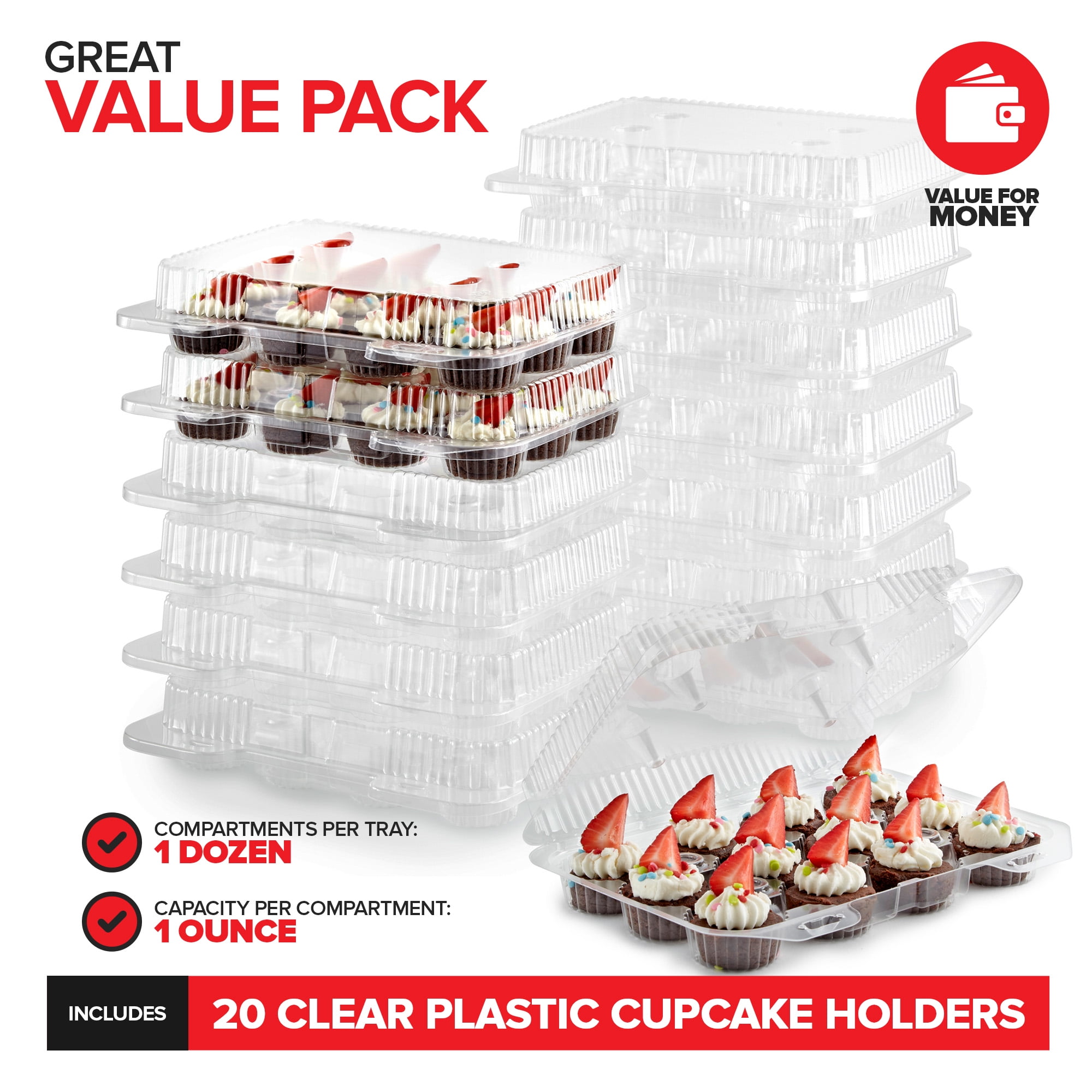 Stock Your Home Mini Disposable Plastic Cupcake Containers (20 Pack) 12 - Count Tray Compartment, Small or Mini Cupcakes Box/ Holder / Carrier with Clear Connected Dome Lid, BPA Free
