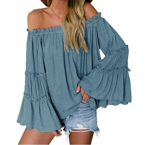 Long Sleeved Women Off Shoulder Casual Blouse Bell Trumpet Sleeve Loose Flared Tops