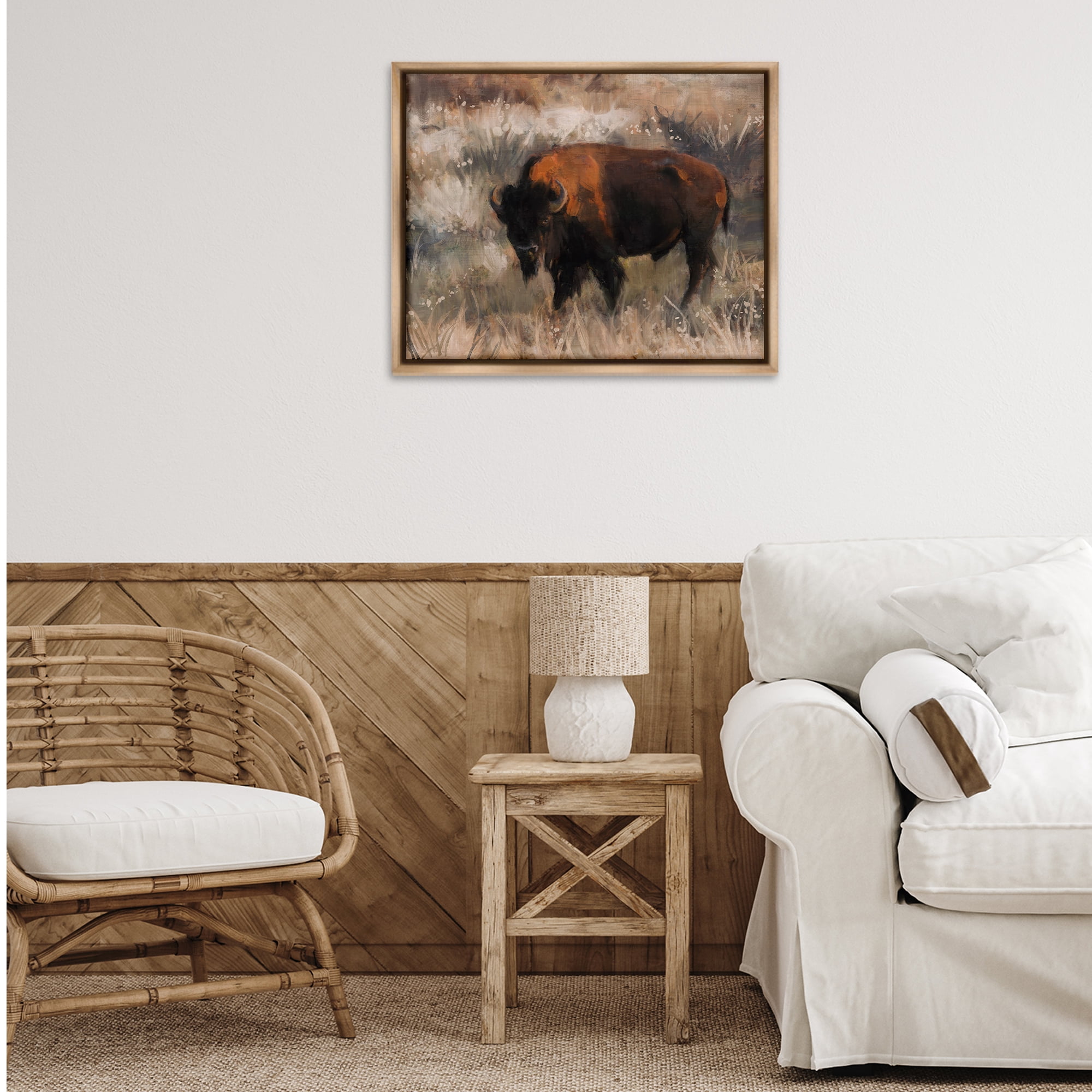 Stupell Industries Traditional Bison Range Animals & Insects Painting Brown Floater Framed Canvas Art Print Wall Art, 31 x 25