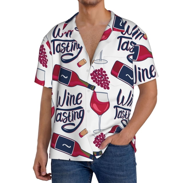 Fotbe Red Wine Glass Bottle Camisa Estampada de Manga Corta para Hombre, Casual de Verano, Estilo Playero, Sin Arrugas-X-Large