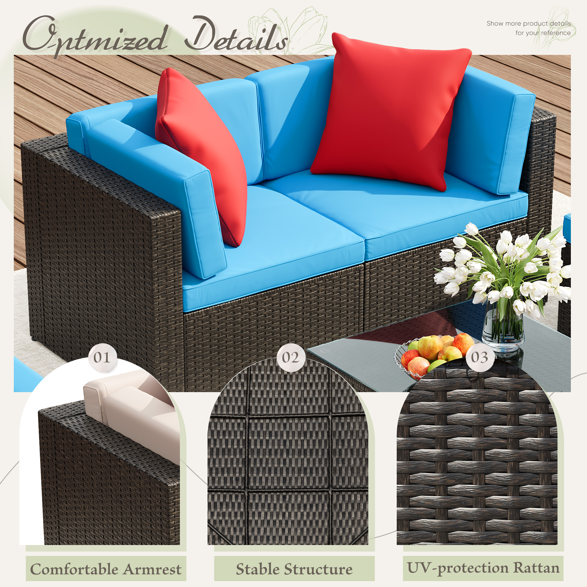 Lacoo 5 PCS Patio Outdoor Furniture Wicker Sectional Sofa with Cushion, Blue