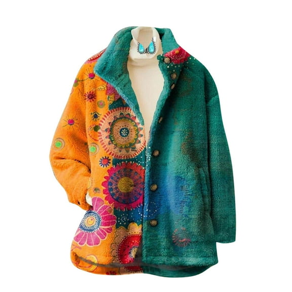 Plus Size Winter Coat Women's Floral Print Flannel Stand Collar Jacket Stylish Casual Wear Outerwear For Ladies Fit Christmas Gifts