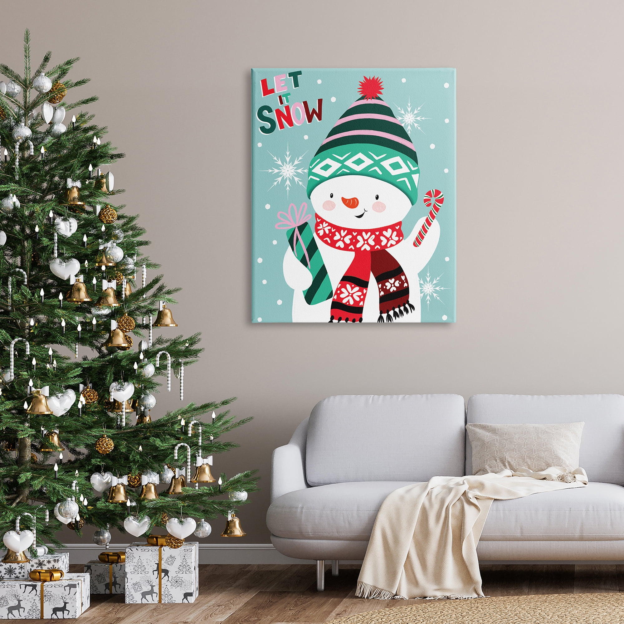 Let It Snow Jolly Snowman Candy Cane Snowflakes Inspirational Graphic Art Gallery-Wrapped Canvas Print Wall Art