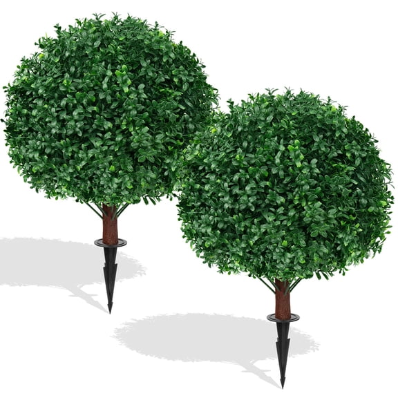 XUESON 24 Inch Artificial Boxwood Topiary Ball Tree Set of 2, UV Resistant Faux Plants with Ground Spike for Indoor Outdoor Porch Garden Decor