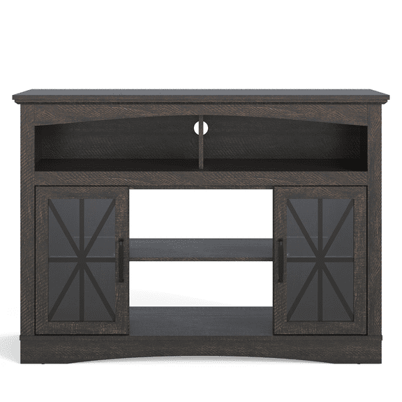 47 Inch Brown Farmhouse TV Stand with LED Lights & Glass Doors, Retro Media Console with Adjustable Shelves, Anti-Tip Entertainment Cabinet Fits Fireplace Insert for Living Room Bedroom