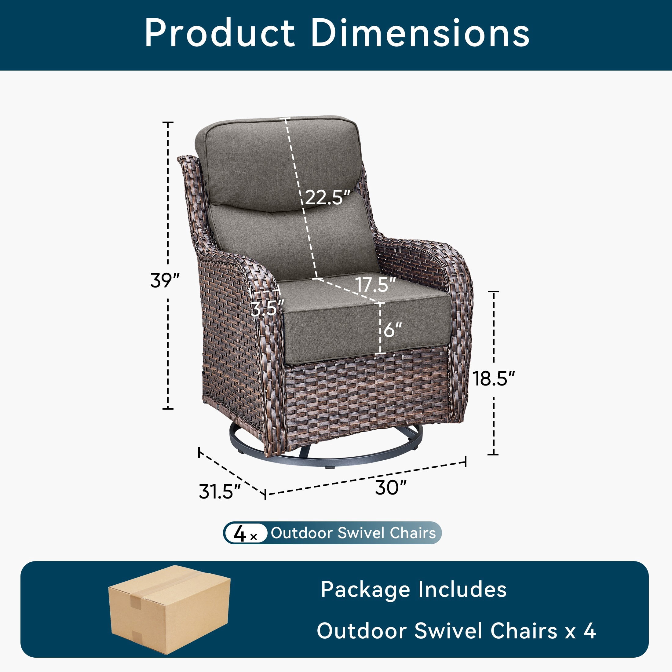 Unnifurnzi Outdoor Swivel Glider Patio Chair-Patio Swivel Chairs Set of 4 with 6 Inch Thick Cushions High Back Patio Chairs for Deck Porch Poolside Balcony-Brown/Gray