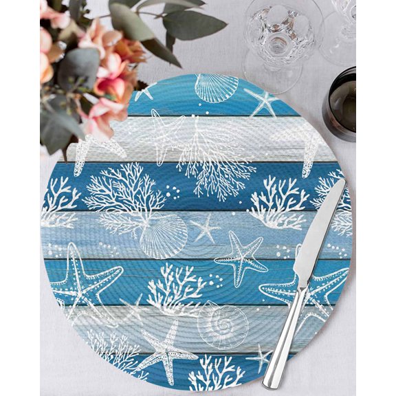 13 Inch Round Placemats Set of 4, Blue Coastal Beach Non Slip Heat Insulation PP Table Mats, Nautical Starfish Coral Vintage Wooden Washable Place Mats for Kitchen Dining Party Table Decor