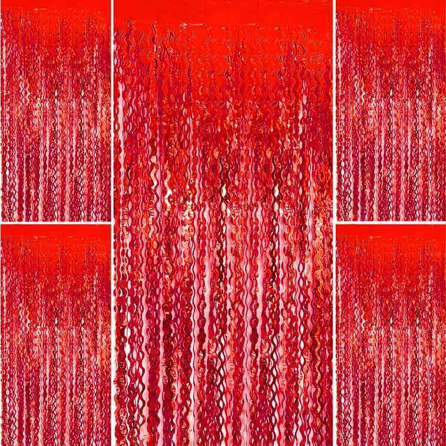 Cortina AMONE de fondo con flecos en forma de ola roja, 98 x 198 cm