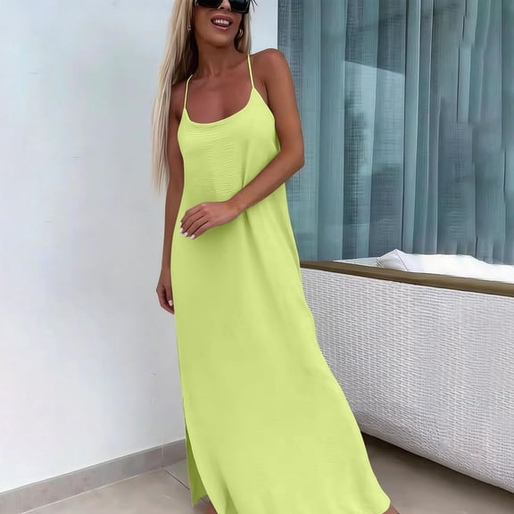 Wlynlyn Womens Maxi Dresses Spaghetti Strap Loose Fitted Casual Cami Dress Solid Color Slit Beach Summer Sleeveless Sundress