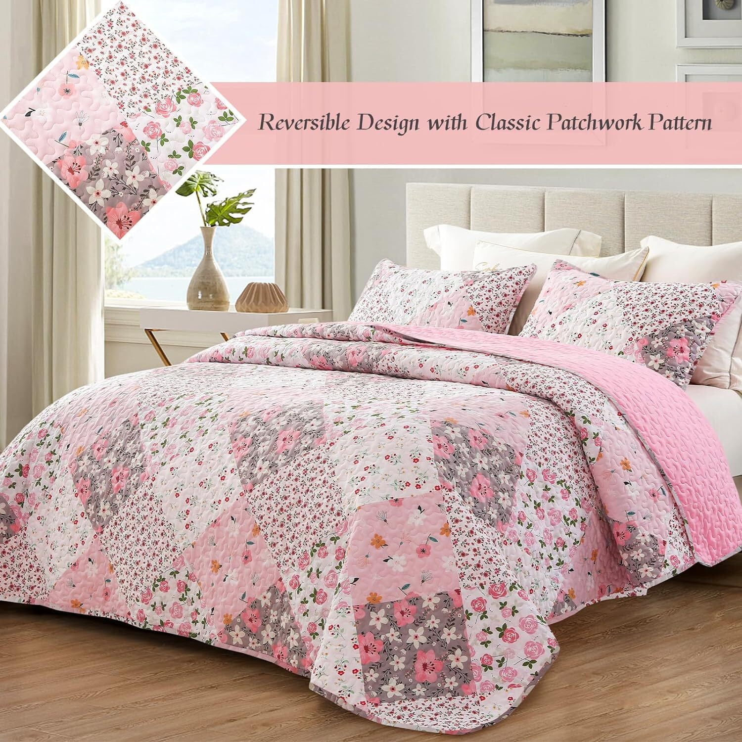 Whale Flotilla Reversible Patchwork Quilt Set Queen Size, Lightweight Boho Printed Bedspreads Coverlets Quilts Bedding Set with 2 Pillow Shams for All Seasons, Pink