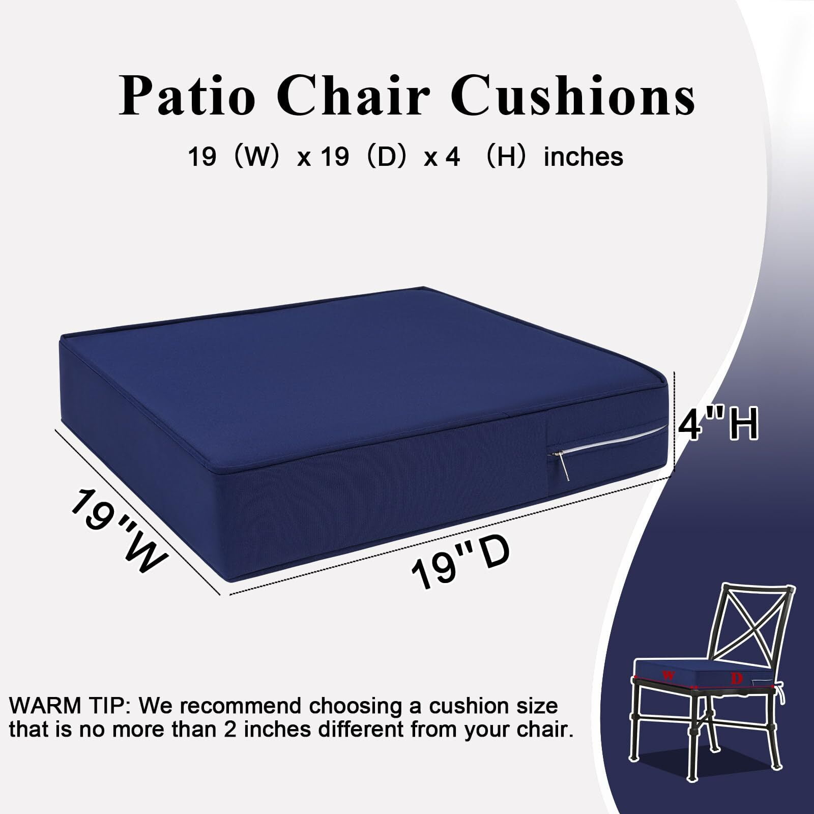Findosom 2pcs Patio Chair Cushions 19x19 Inch Waterproof Fade Resistant Outdoor Seat Cushions for Patio Furniture Garden Sofa Couch Chair Pads with Adjustable Straps,Navy