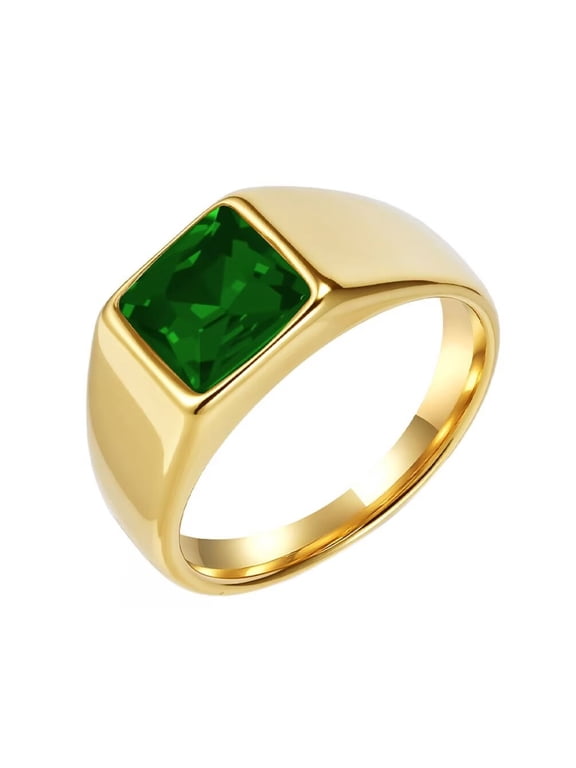 Men's and Women's Stainless Steel Classic Square Gemstone Ring Gold Green Size 9