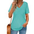 thumbnail image 3 of Camiseta de mujer Color puro Pit Strip cuello en V manga corta Top señoras suelta camiseta casual azul cielo XL, 3 of 6
