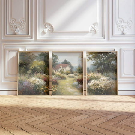 UNFFRAMED Three Piece Wall Art Cottage Garden Landscape Poster Triptych Muted Scenery Soft Earthy Country Living Room Decor Set 3 Prints 8x12