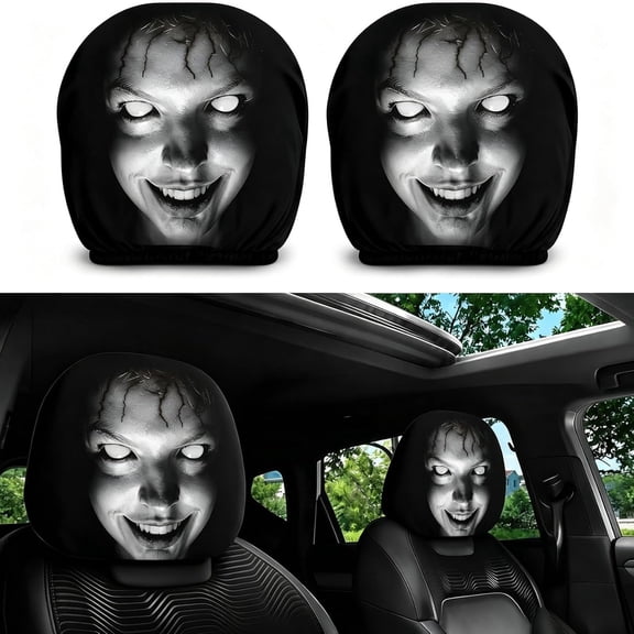 Ghost Face Headrest Covers, 2PCS Stretchy Seat Headrest Protector, Scary Covers for Cars, Funny Cover for Auto, Truck, Vehicle, SUV, Washable Elastic Fabric, Interior Accessories (Style-E)