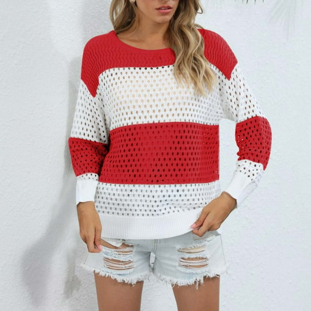 Suéter de cuello redondo para mujer, informal, de moda, de color a juego, de manga larga, con cuello redondo