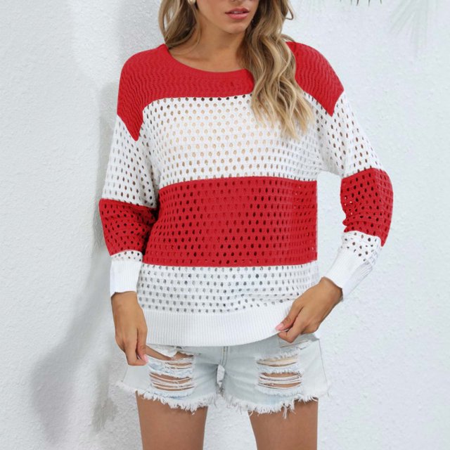 Babysbule Chandails pour Femmes Grande Taille Nouveautés Femmes Décontracté Mode Chandail à Agencement de Couleurs Manches Longues Col Rond Liquidation Mode pour Femmes