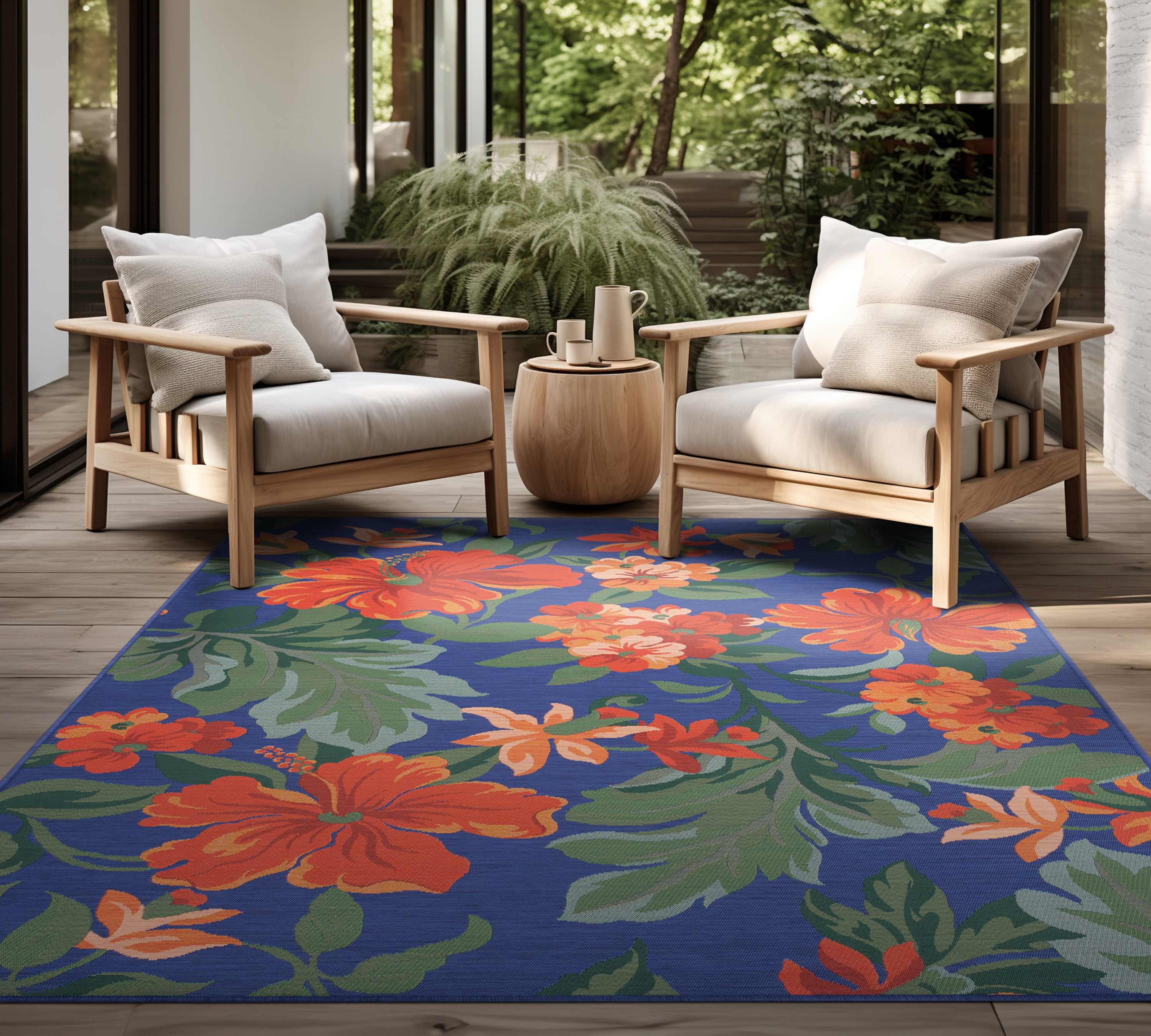 Stunning Transitional 2' x 3' Blue and Red Polypropylene Outdoor Area Rug