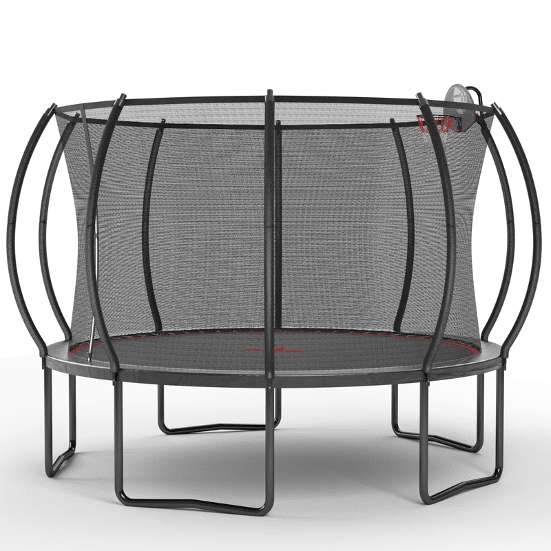 12FT Round Trampoline with Safety Enclosure Net & Basketball Hoop, Outdoor Backyard Trampoline for Kids, Black