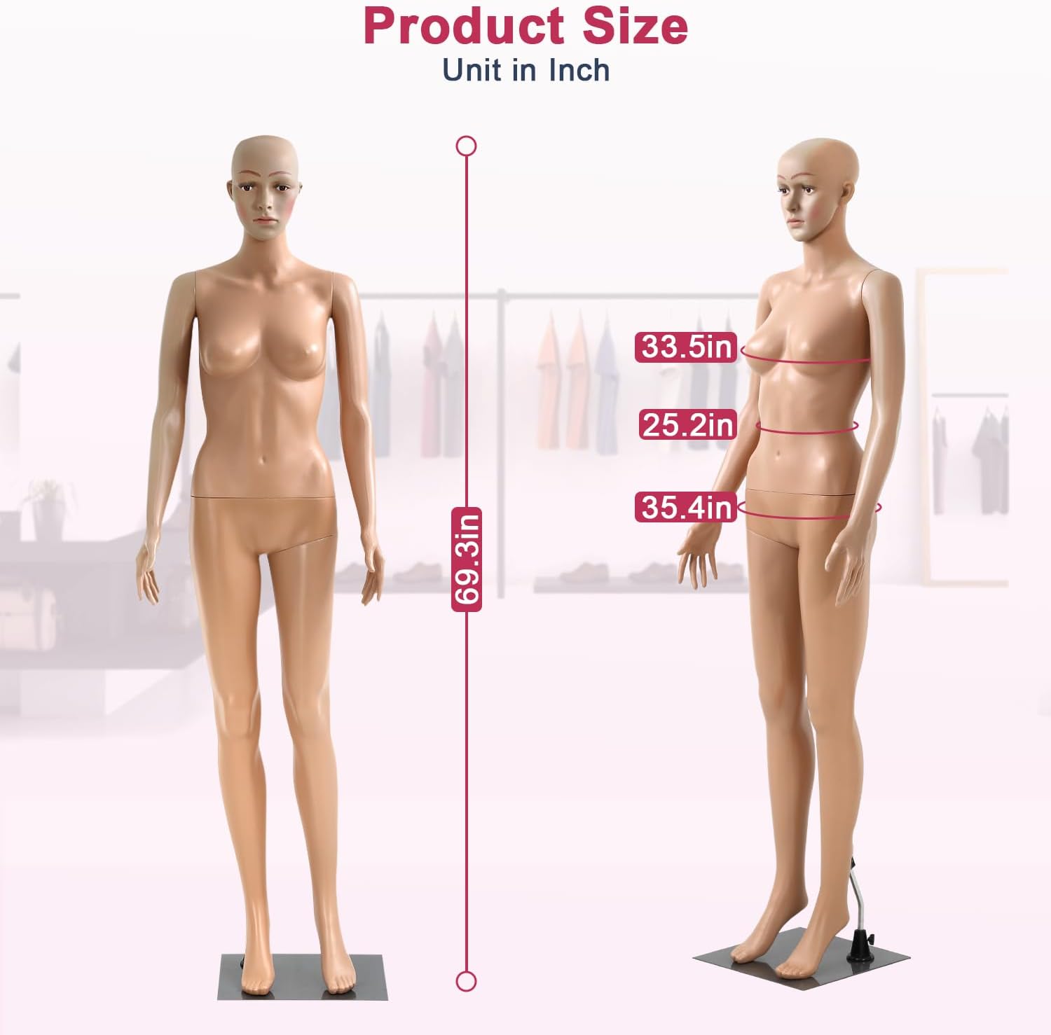 Dkelincs Female Mannequin Torso 69" Full Body Realistic Manikin Adjustable Sewing Dress Form Model Display with Metal Base