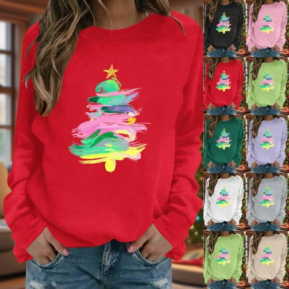 Jsaierl Womens Christmas Fleece Sweatshirts Cute Christmas Graphic Sweatshirt Oversized Pullover Sweater Tops Round Neck Dressy Casual Long Sleeve Shirts Christmas Gifts