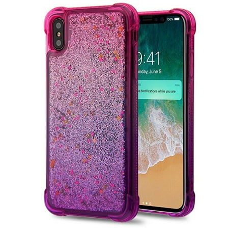 Apple iPhone Xs Max (6.5 Inch) Phone Case BLING Hybrid Liquid Glitter Confetti Quicksand Rubber Silicone Gel TPU Protector Hard Cover - Hot Pink Purple Phone Case for Apple iPhone Xs