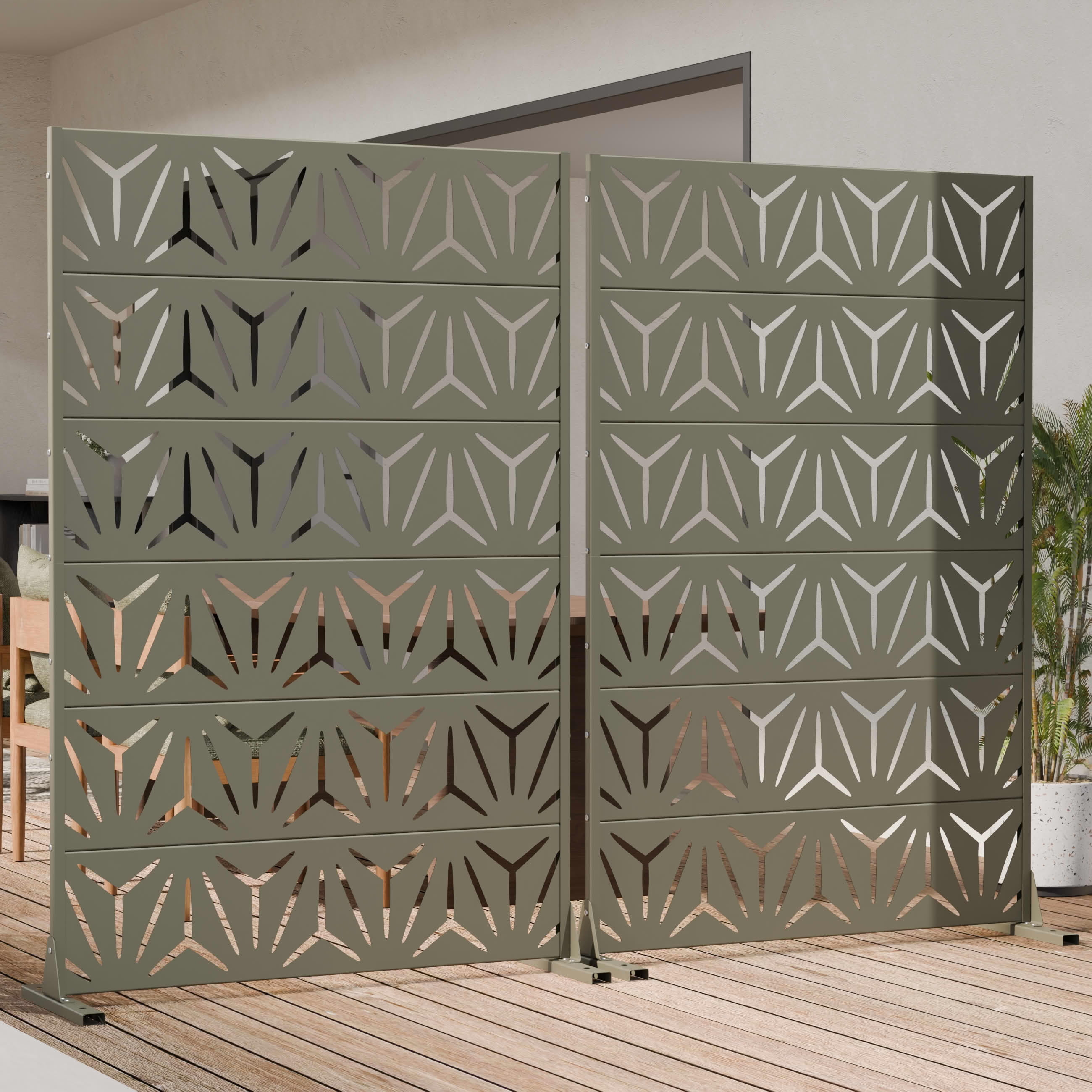 MAYEERTY Outdoor Metal Privacy Screen 6ft × 4ft Olive Gray, 6-Panel Geometric Y-Pattern Decorative Screen for Patio