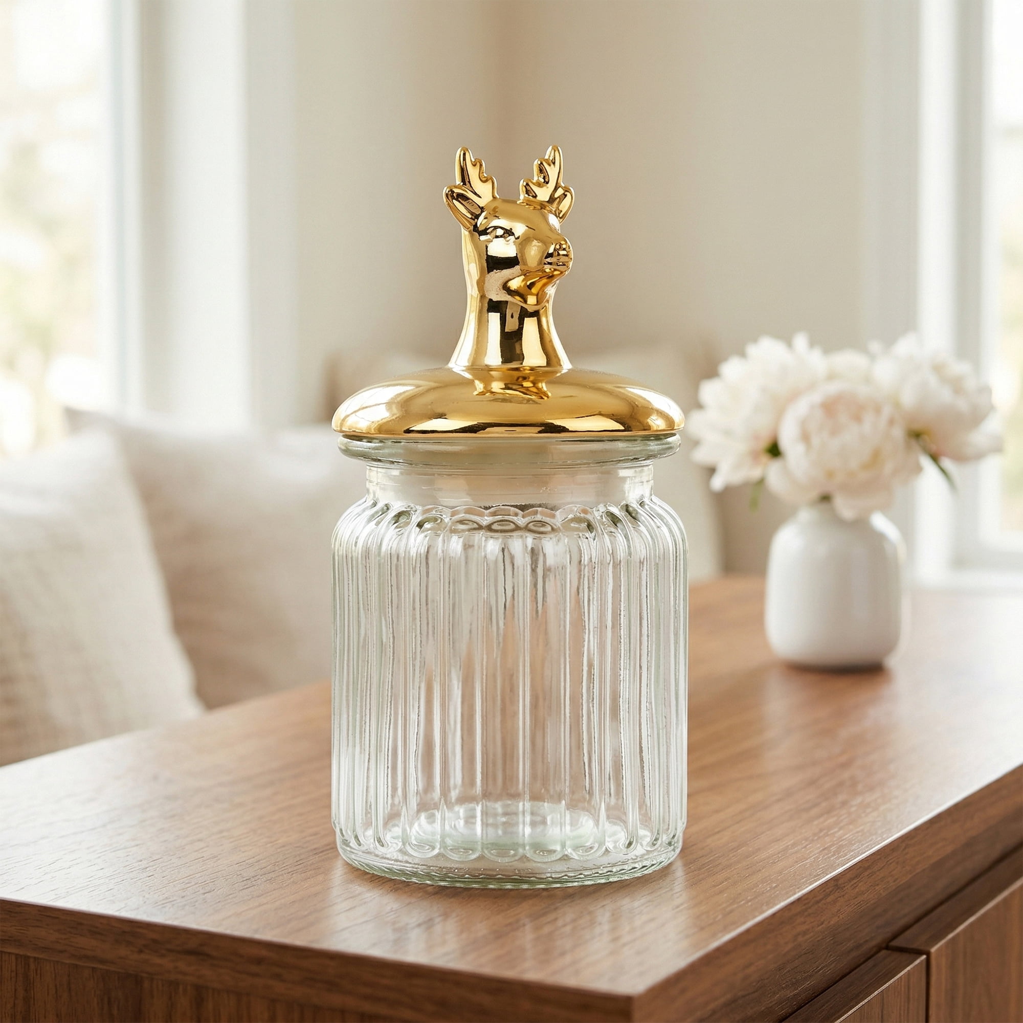 Unique Bargains Decorative Glass Jar With Gold Animal Lid Golden Deer 3" x 3" x 5.5"