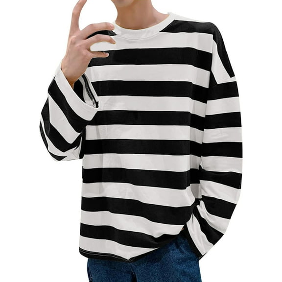 Men T Shirts Color Blocked Striped Navy Striped Casual Loose Trendy Sports Business Crewneck Long Sleeved T Shirt Tee